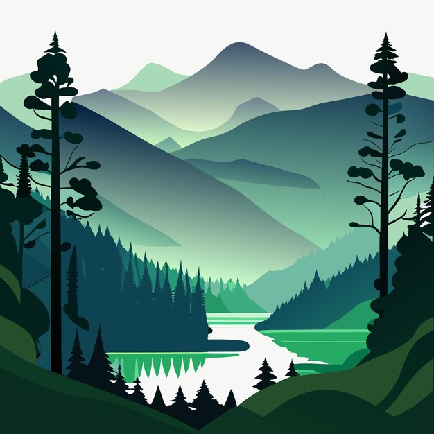 Vector hand drawn lake scenery