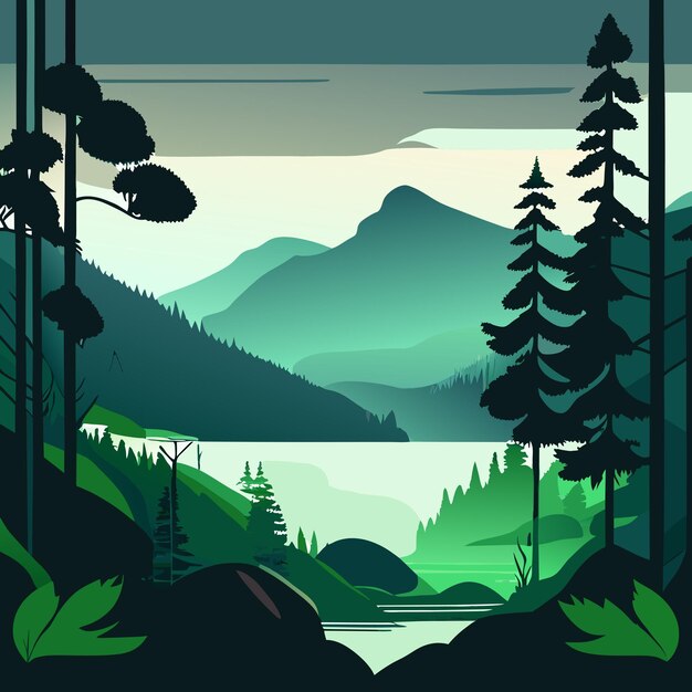 Vector hand drawn lake scenery