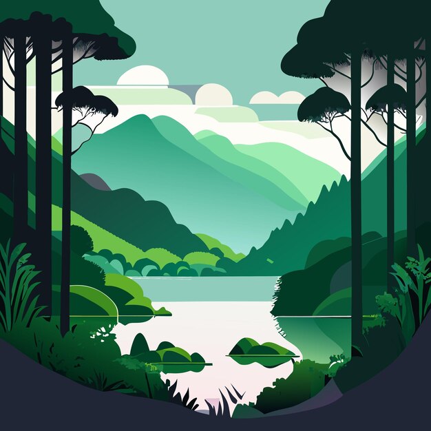 Vector hand drawn lake scenery