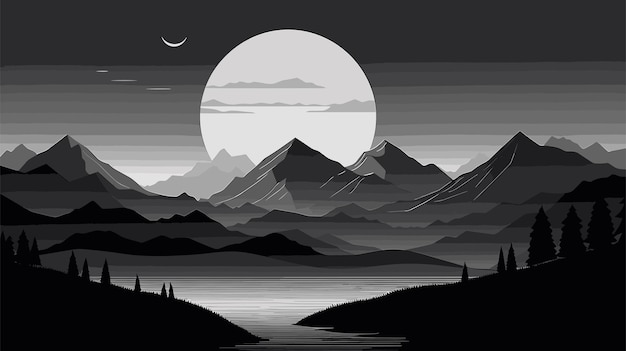 Vector hand drawn landscape black and white