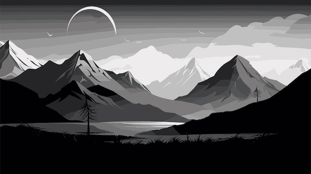 Vector hand drawn landscape black and white