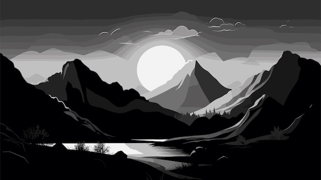 Vector hand drawn landscape black and white