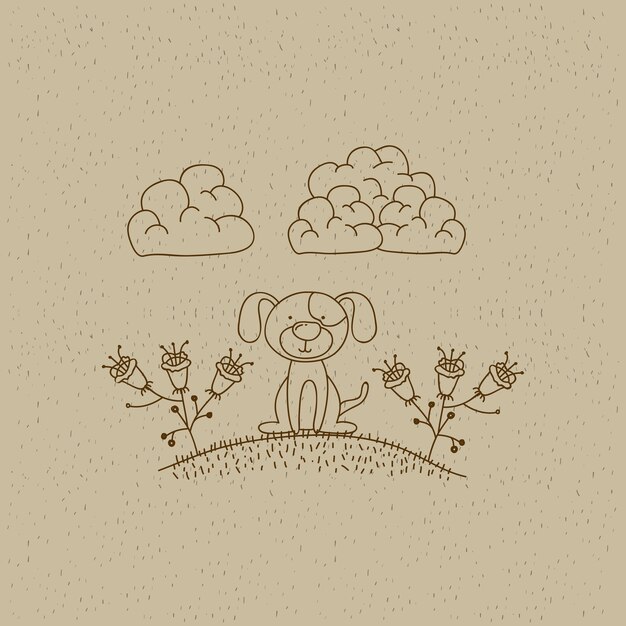 hand drawn landscape of dog in hill with plants 