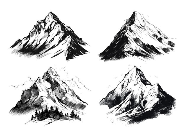 Hand drawn landscape mountain sketch set