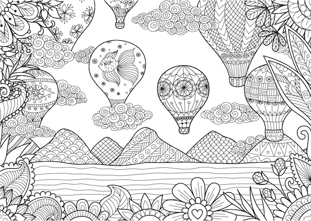 Hand drawn landscape with hot air balloons