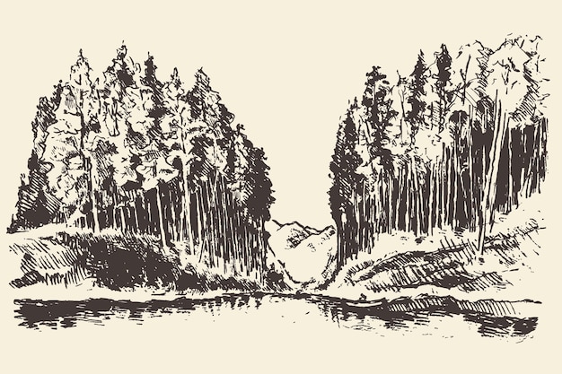 Ручной рисунок пейзажа с озером и еловым лесом, винтажная векторная иллюстрация