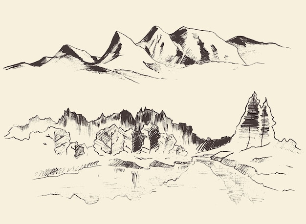 Hand drawn landscape with lake and fir forest
