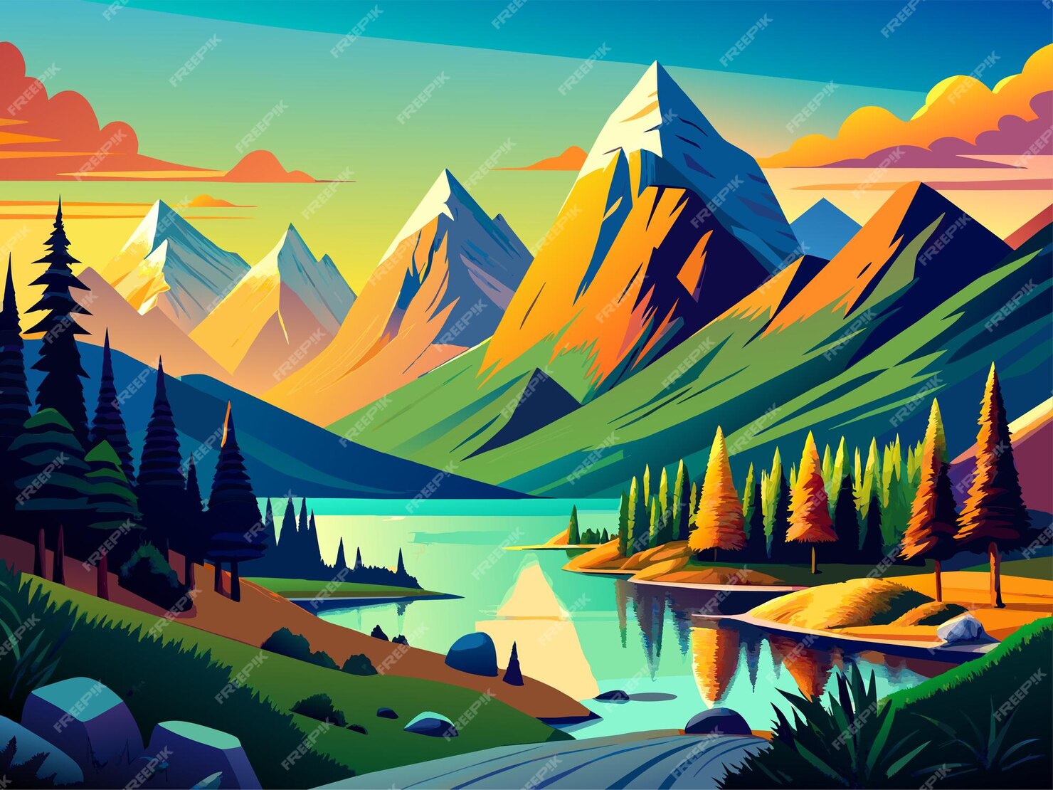 Premium Vector | Hand drawn landscape with mountains vector llustration