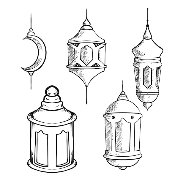 Set di ramadan lanterna disegnata a mano