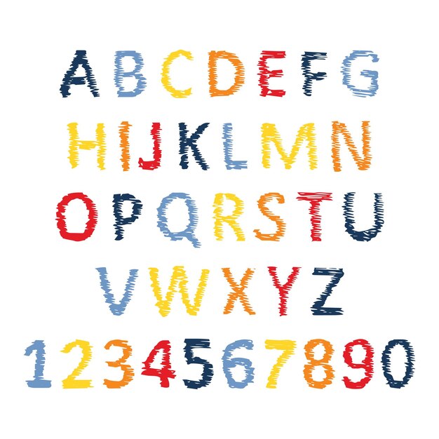 Lettere e numeri dell'alfabeto latino disegnati a mano caratteri e caratteri maiuscoli moderni simboli multicolori su sfondo bianco illustrazione vettoriale