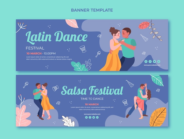 Vettore set di banner orizzontali per festa di ballo latino disegnato a mano