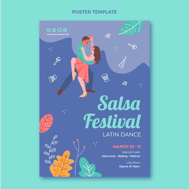 Modello di poster verticale festa di ballo latino disegnato a mano