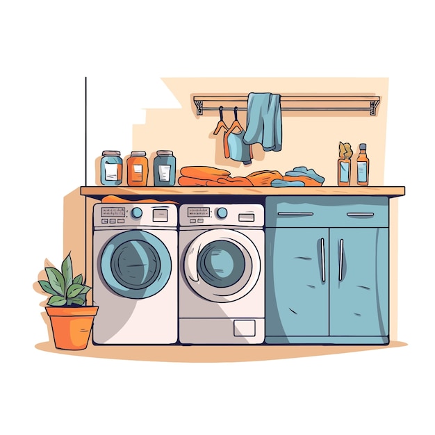 Hand drawn laundry room cartoon vector illustration clipart white background