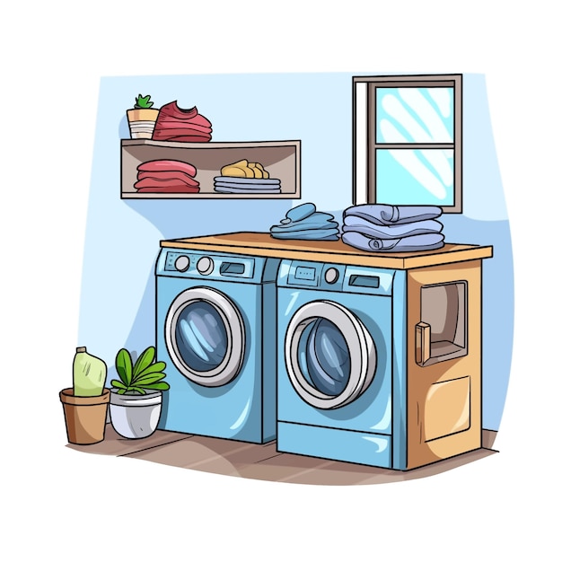 Hand drawn Laundry room cartoon vector illustration clipart white background