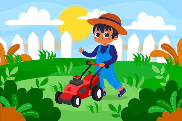 Vector hand drawn lawn mowing illustration