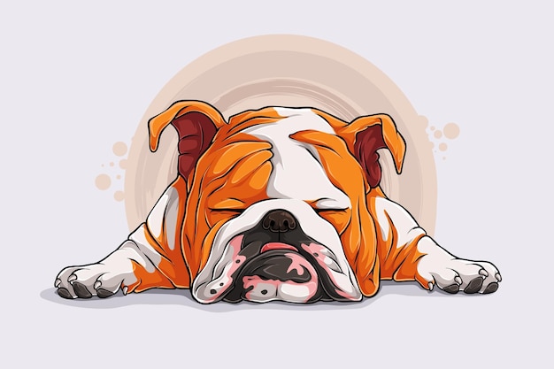 Bulldog inglese di razza cane pigro disegnato a mano che dorme sul pavimento isolato su sfondo bianco