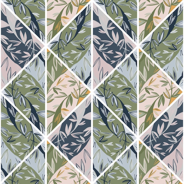 Hand drawn leaves mosaic seamless pattern Creative botanical foliage endless wallpaper Palm leaf tile