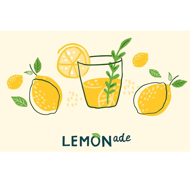 Vettore barattolo di limone disegnato a mano con bicchiere di limonata di limonata testo tempo di limonata