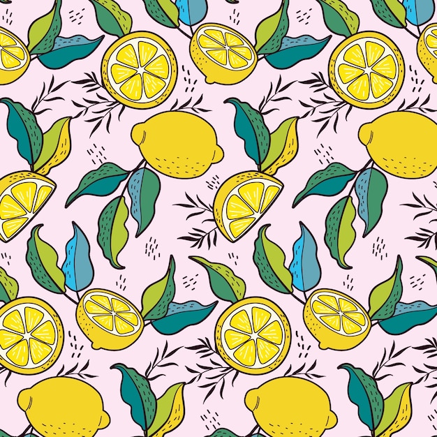 Hand drawn lemon and leaves pattern