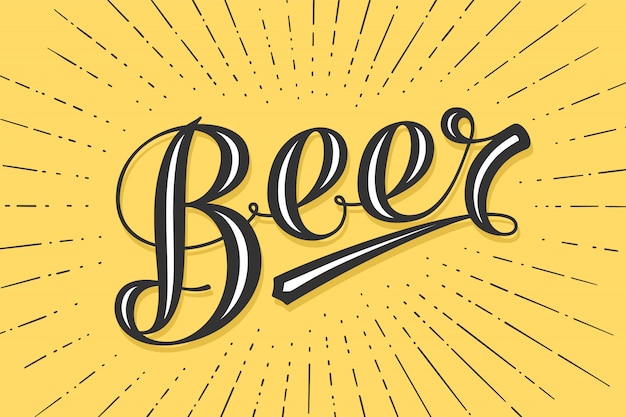 Hand drawn lettering beer on yellow background. colorful vintage drawing for bar, pub and trendy beer themes. print for poster, menu, sticker, t-shirt.  illustration