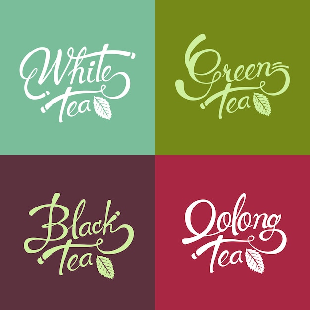 Vettore disegnata a mano lettering design tè nero - tè verde - tè bianco - tè oolong