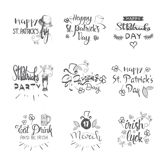 Vector hand drawn lettering for happy saint patrick s day, irish holiday stickers set