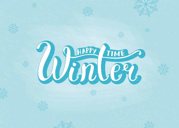 Iscrizione disegnata a mano happy winter time su sfondo blu e fiocchi di neve