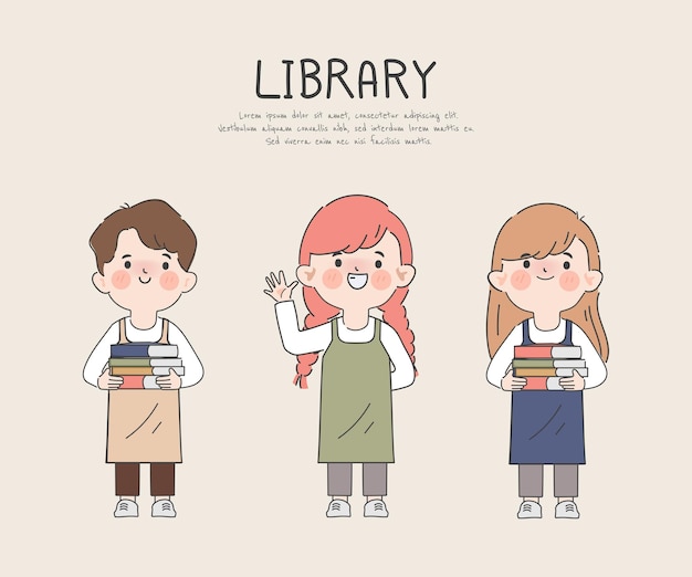 Hand drawn librarian staff worker with books clipart gesture character