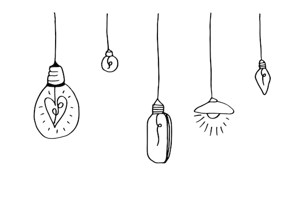 Hand drawn light bulb icons with concept of idea. Doodle style. Vector illustration.