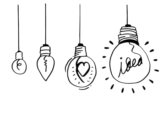アイデアの概念と手描きの電球アイコン落書きスタイルベクトルイラスト