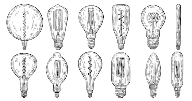 ベクトル 手描きのヴィンテージ彫刻スタイルで電球スケッチ白い背景ベクトル図に分離