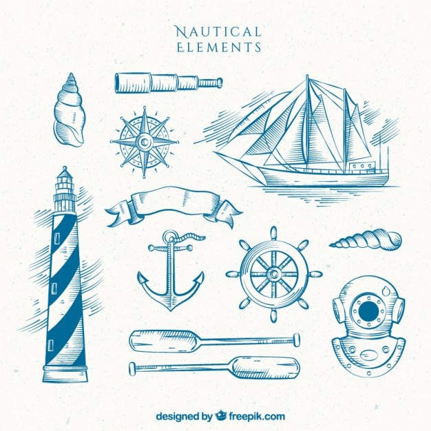 Hand drawn lighthouse with boat and other sailor elements