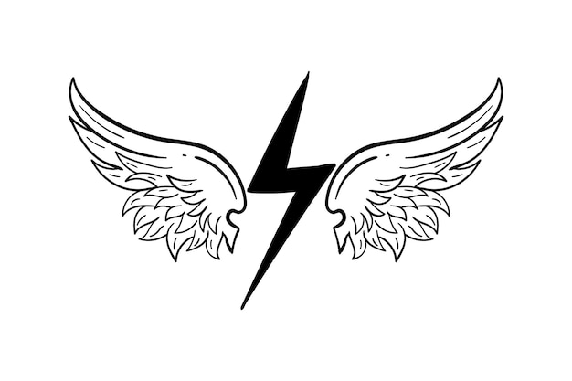 Vector hand drawn lightning with wings doodle illustration for tattoo stickers poster etc