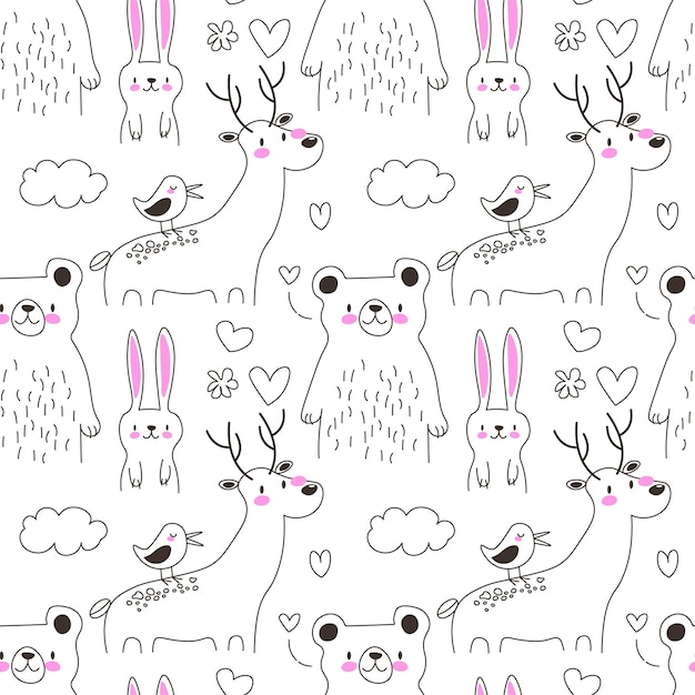 Vector hand drawn line art cartoon doodle animal seamless pattern in vector repeated forest animal illustrations on the white background eps