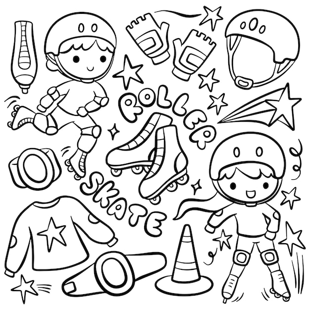 hand drawn line art cartoon kids playing roller skate