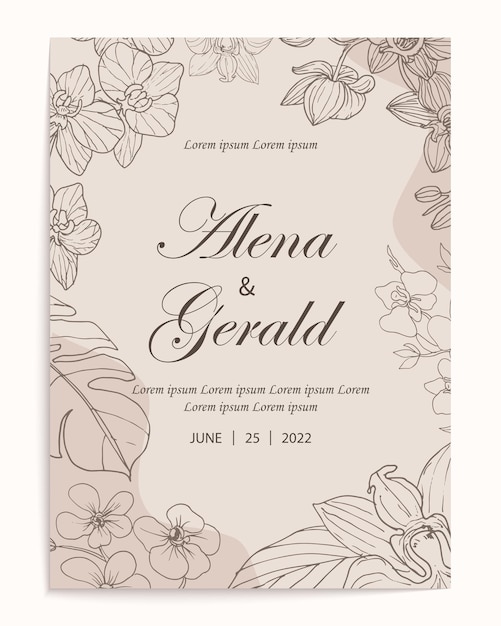 Hand drawn line art flower wedding card invitation