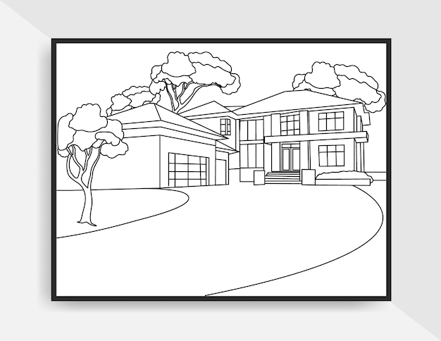 Vector hand drawn line art of house landscape for coloring page or poster