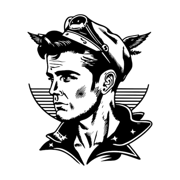 Hand drawn line art illustrations of a cute sailor captain of the ship logo