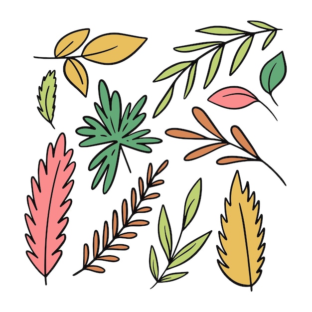 手描きのラインアートスタイル カラフルな葉が秋の季節にセットされています