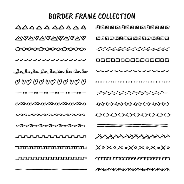Vector hand drawn line, border, frame design element set isolated on white background