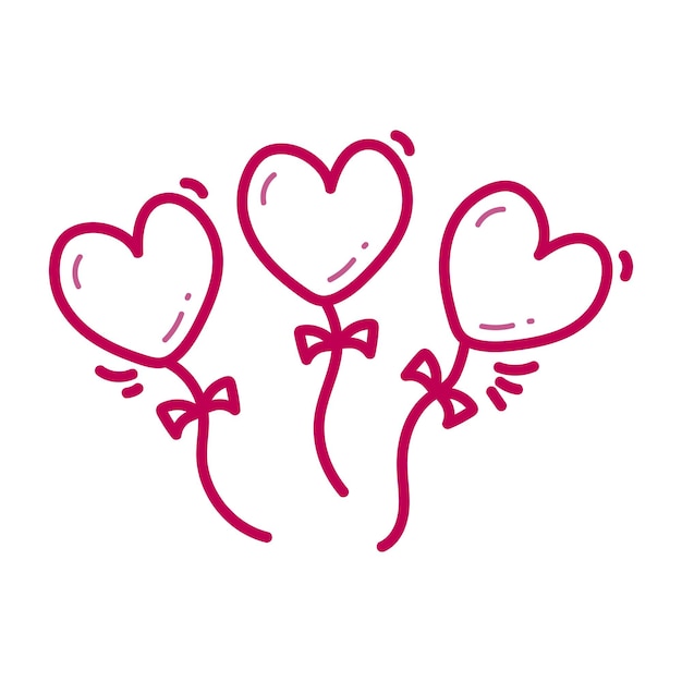 Hand drawn line cute hearts balloons with ribbon decoration to happy valentines day vector illustrat