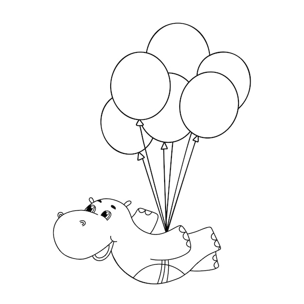 Hand drawn line cute hippo flying on balloons vector illustration Outline hippopotamus isolated on white Cute baby character for coloring book postcards and invitations