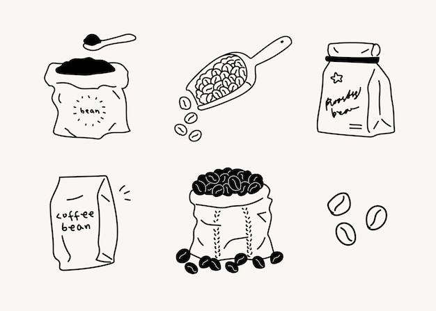 손으로 그린 선 낙서 스타일 카페 삽화 블랙 라인 아이콘 커피 콩 삼베 자루