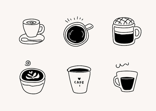 Hand drawn line doodle style cafe illustrations black line icons various coffee cups