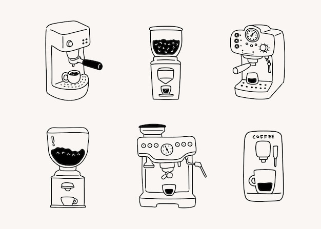 Hand drawn line doodle style cafe illustrations espresso coffee maker coffee machine