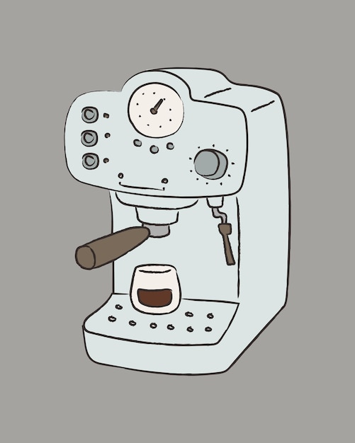 Hand drawn line doodle style cafe illustrations espresso coffee maker coffee machine