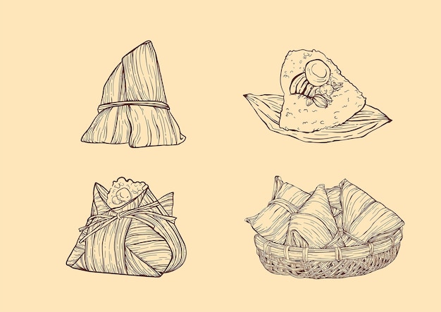 Vector hand drawn line dragon boat zongzi collection