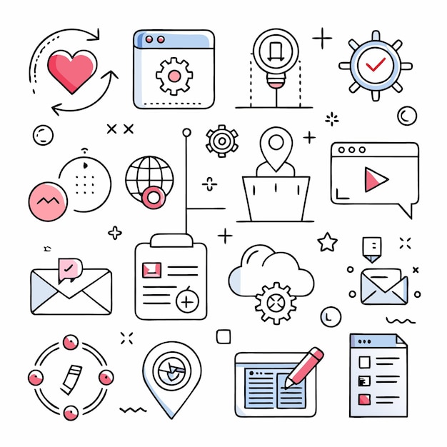 Hand drawn line icons set of marketing and digital business