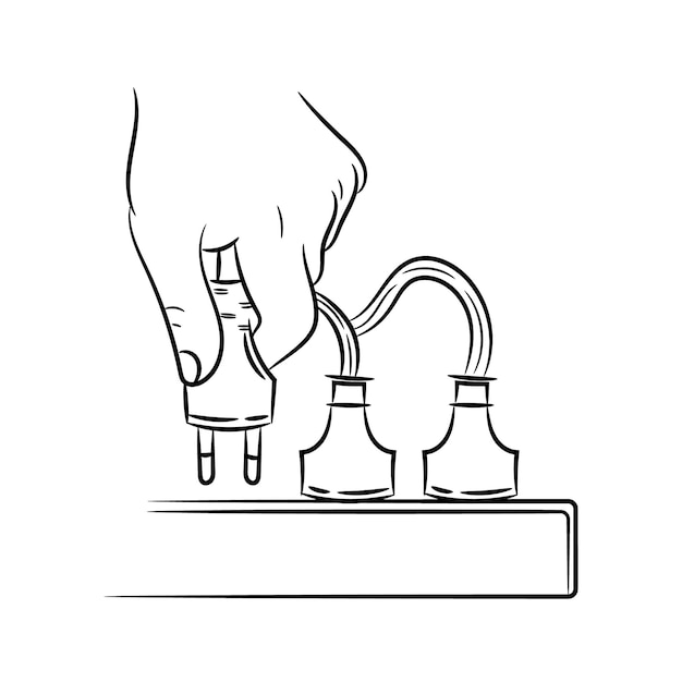 Illustrazione a linea disegnata a mano delle mani che inseriscono o tirano fuori la spina schizzo vettoriale