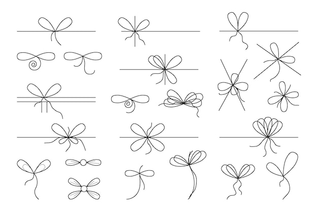 Hand drawn line ribbon bow set. Bows knots types for gift present packaging in sketch doodle style